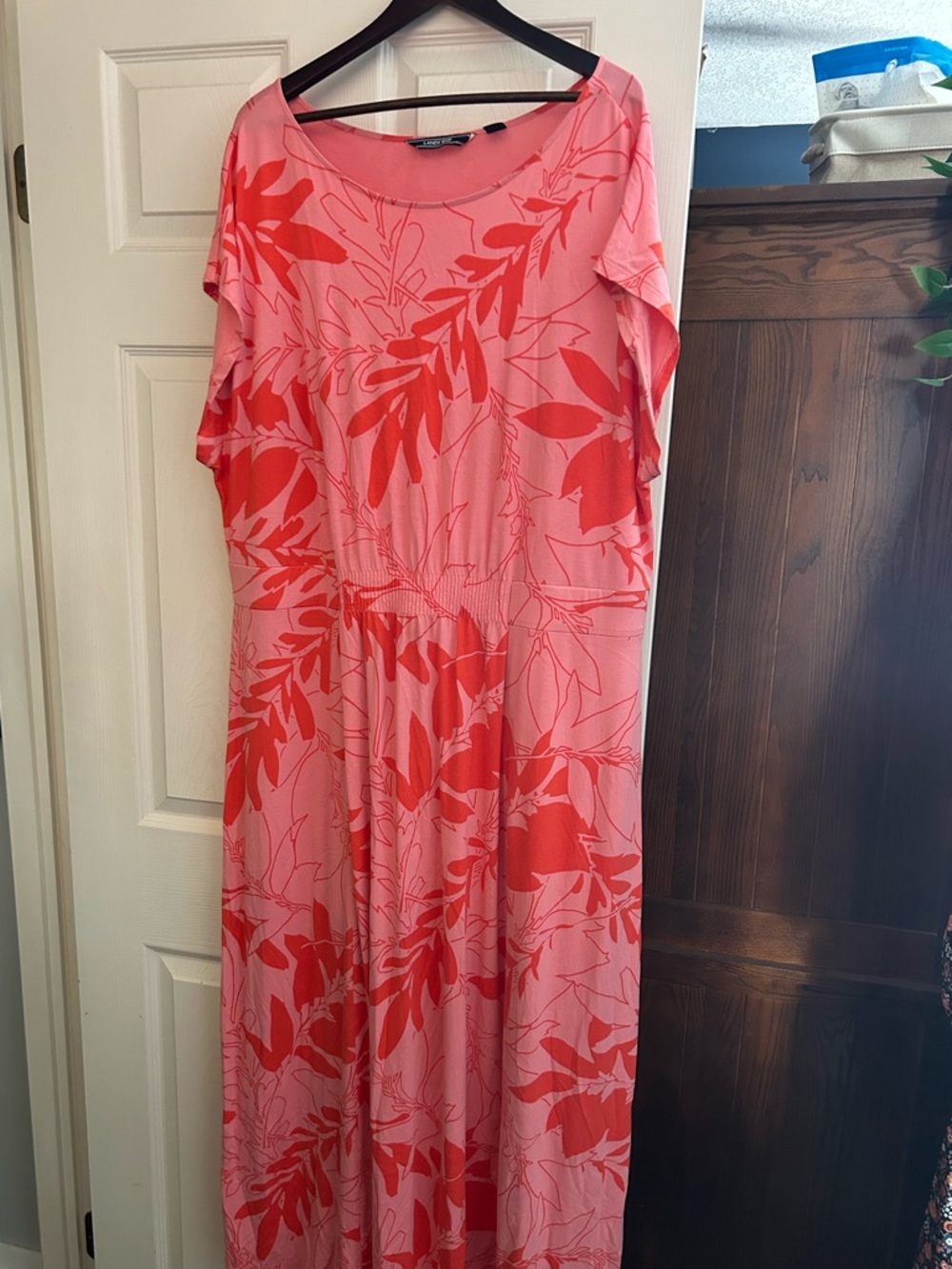 Lands' End Pink Maxi Dress with Coral Leaf Print